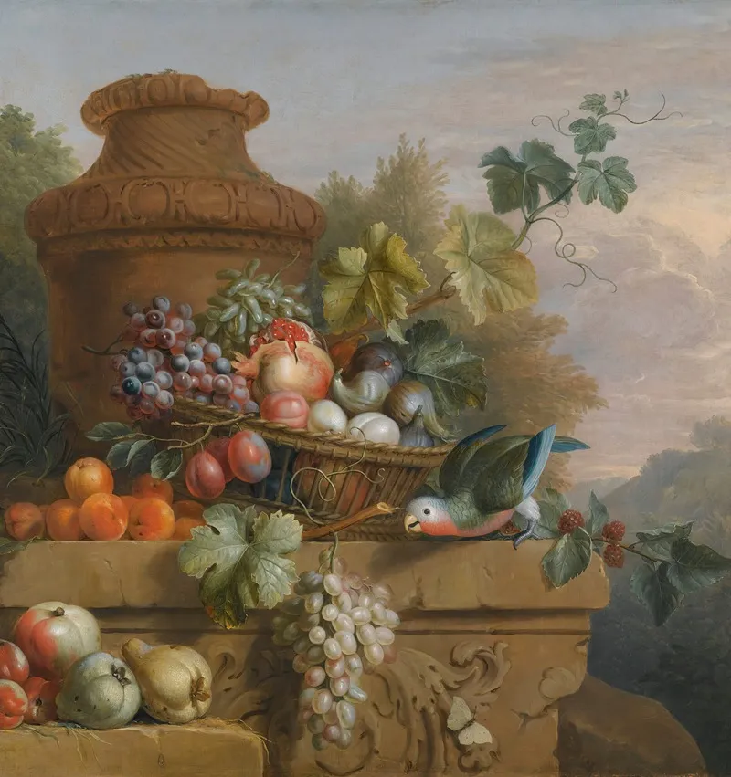 Still Life With A Basket Of Fruit A Parrot And An Urn On A Carved Stone Ledge Wall Art by Follower of Jakob Bogdány - High-Resolution Digital Print