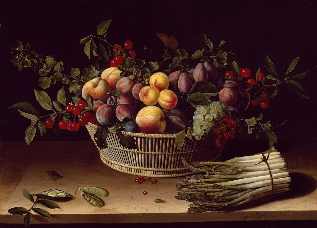 Still Life With A Basket Of Fruit And A Bunch Of Asparagus Wall Art by Louise Moillon - High-Resolution Digital Print
