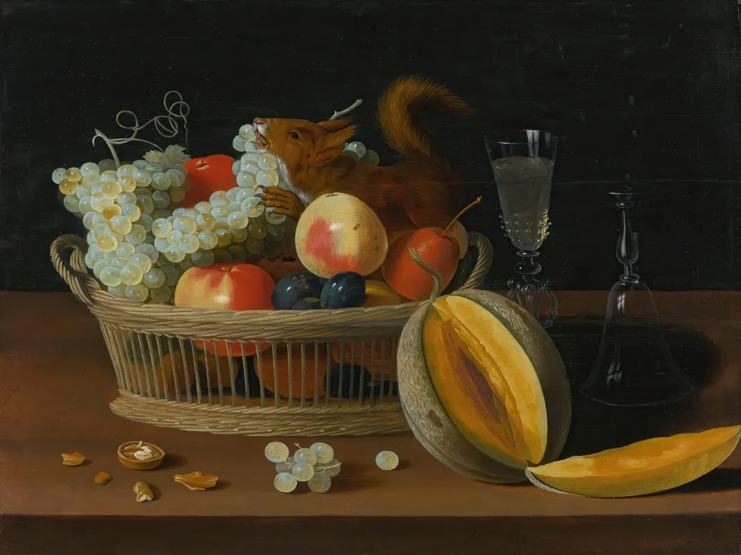 Still Life With A Basket Of Fruit And A Squirrel Glasses And A Cut Melon On A Tabletop Wall Art by Jacob Foppens van Es - High-Resolution Digital Print