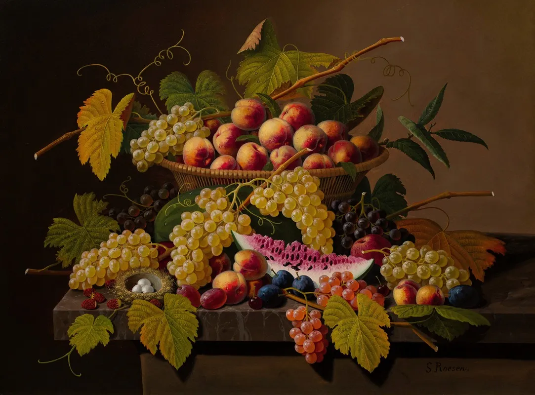 Still Life With A Basket Of Fruit Wall Art by Severin Roesen - High-Resolution Digital Print