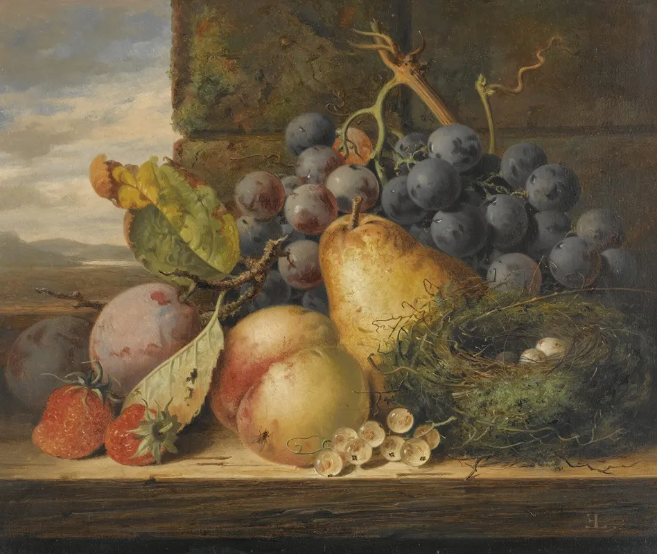 Still Life With A Birds Nest A Pear A Peach Grapes Strawberries And Plums 2 Wall Art by Edward Ladell - High-Resolution Digital Print