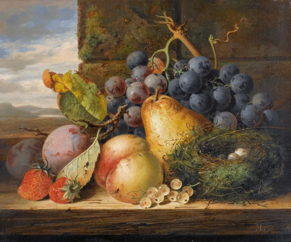 Still Life With A Birds Nest A Pear A Peach Grapes Strawberries And Plums Wall Art by Edward Ladell - High-Resolution Digital Print