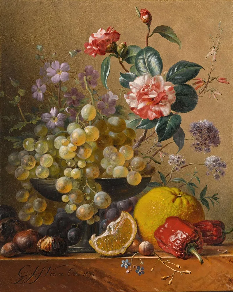 Still Life With A Camelia Spray Cornflowers And Grapes In A Silver Bowl With Nuts An Orange And Red Peppers All On A Marble Ledge Wall Art by Georgius Jacobus Johannes van Os - High-Resolution Digital Print
