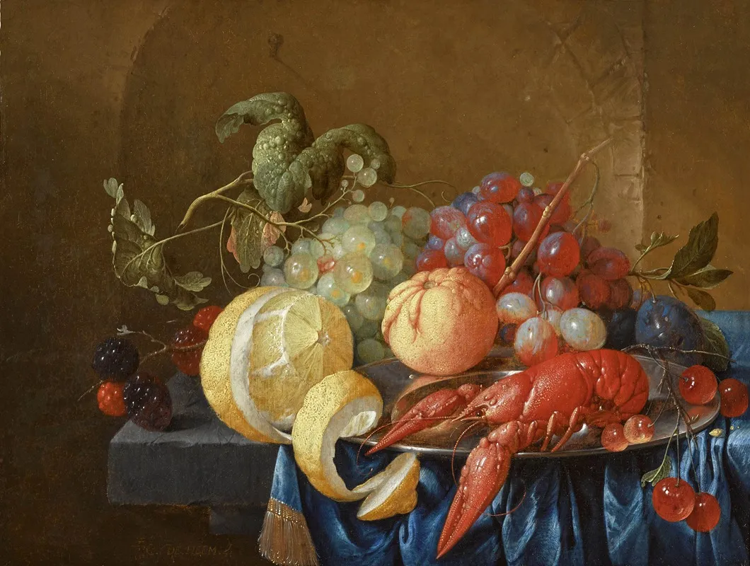 Still Life With A Crayfish On A Pewter Dish Wall Art by Cornelis de Heem - High-Resolution Digital Print