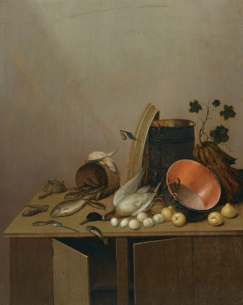 Still Life With A Dead Duck Fish Pears Eggs A Copper Pot And Other Objects All Arranged On A Kitchen Cabinet Wall Art by Gerrit van Vucht - High-Resolution Digital Print