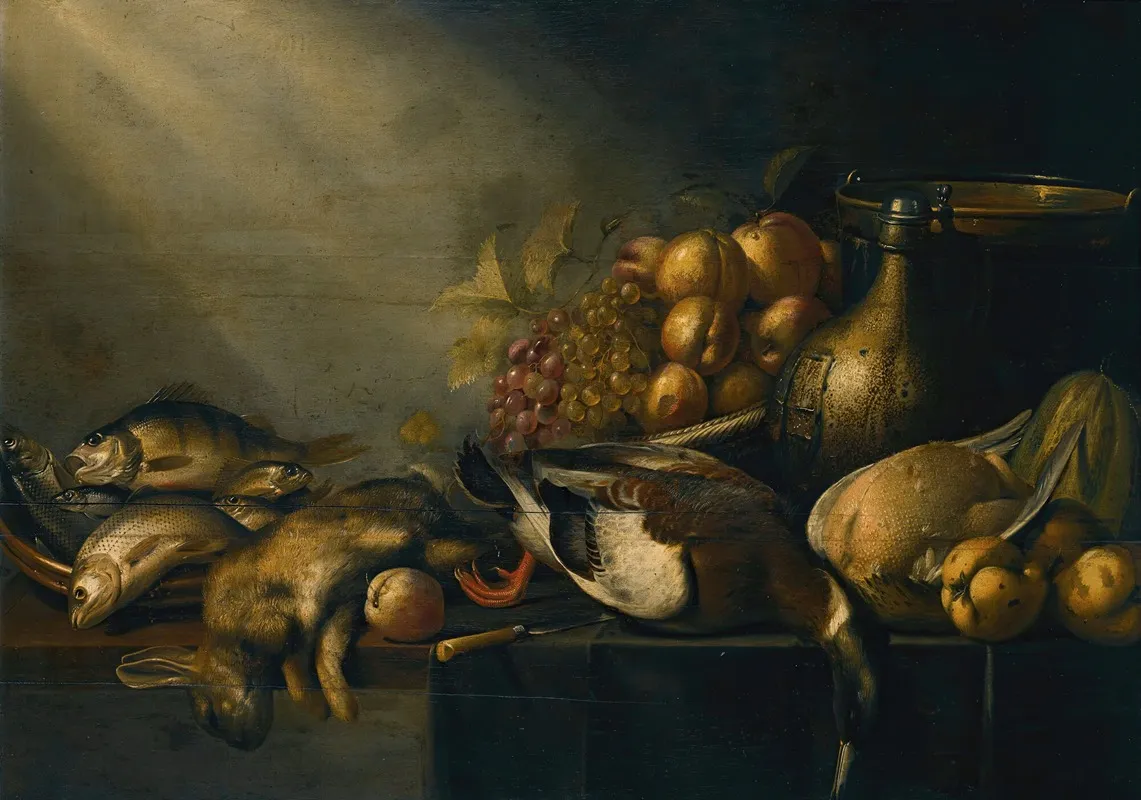 Still Life With A Dead Hare And Duck Fish Vegetables And An Earthenware Flagon On A Draped Table Wall Art by Harmen Steenwyck - High-Resolution Digital Print