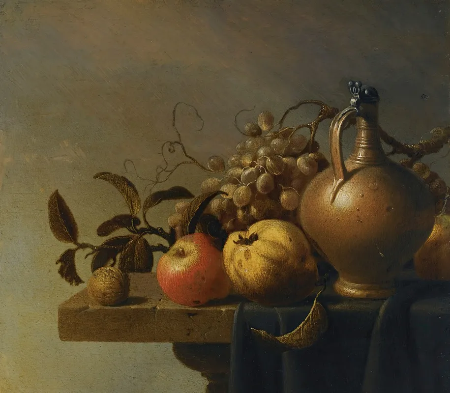 Still Life With A Ewer And Some Fruit On A Partly Draped Stone Ledge Wall Art by Harmen Steenwyck - High-Resolution Digital Print