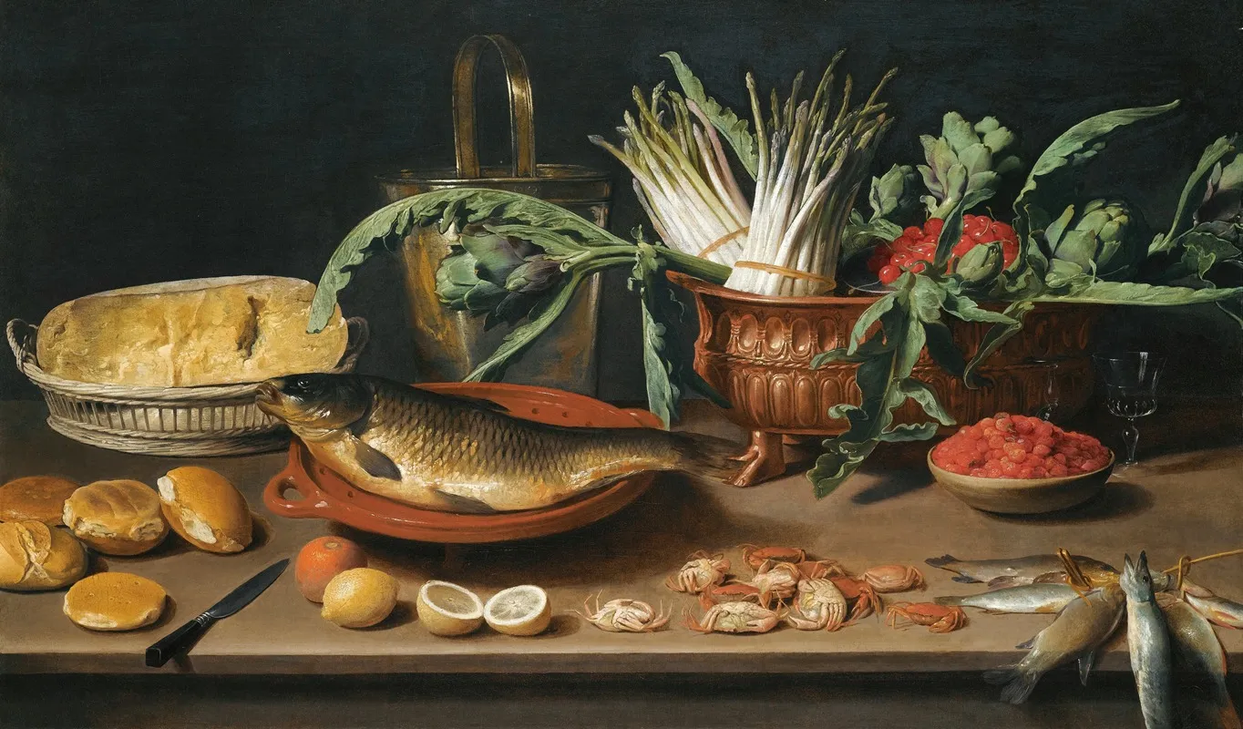 Still Life With A Fish On A Terracotta Plate Bunches Of Asparagus Artichokes And Cherries In A Scalloped Dish Wall Art by Jacob Foppens van Es - High-Resolution Digital Print