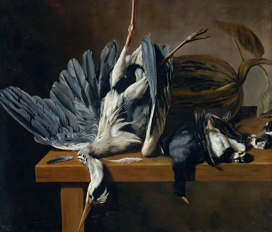 Still Life With A Grey Heron And Other Birds On Ledge Wall Art by Dirck De Horn - High-Resolution Digital Print