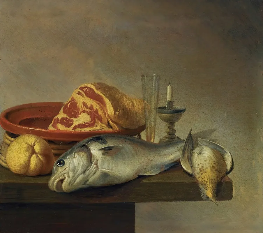 Still Life With A Ham A Fish A Candle And Other Objects Arranged On The Edge Of A Tabletop Wall Art by Harmen Steenwyck - High-Resolution Digital Print