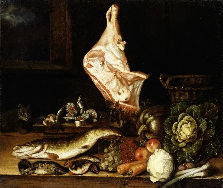 Still Life With A Joint Of Veal Greens And Fish Wall Art by Christian von Thum - High-Resolution Digital Print