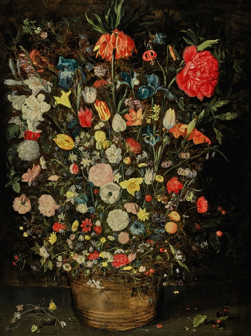 Still Life With A Large Bouquet Of Flowers In A Wooden Bucket Wall Art by Jan Brueghel the Younger - High-Resolution Digital Print