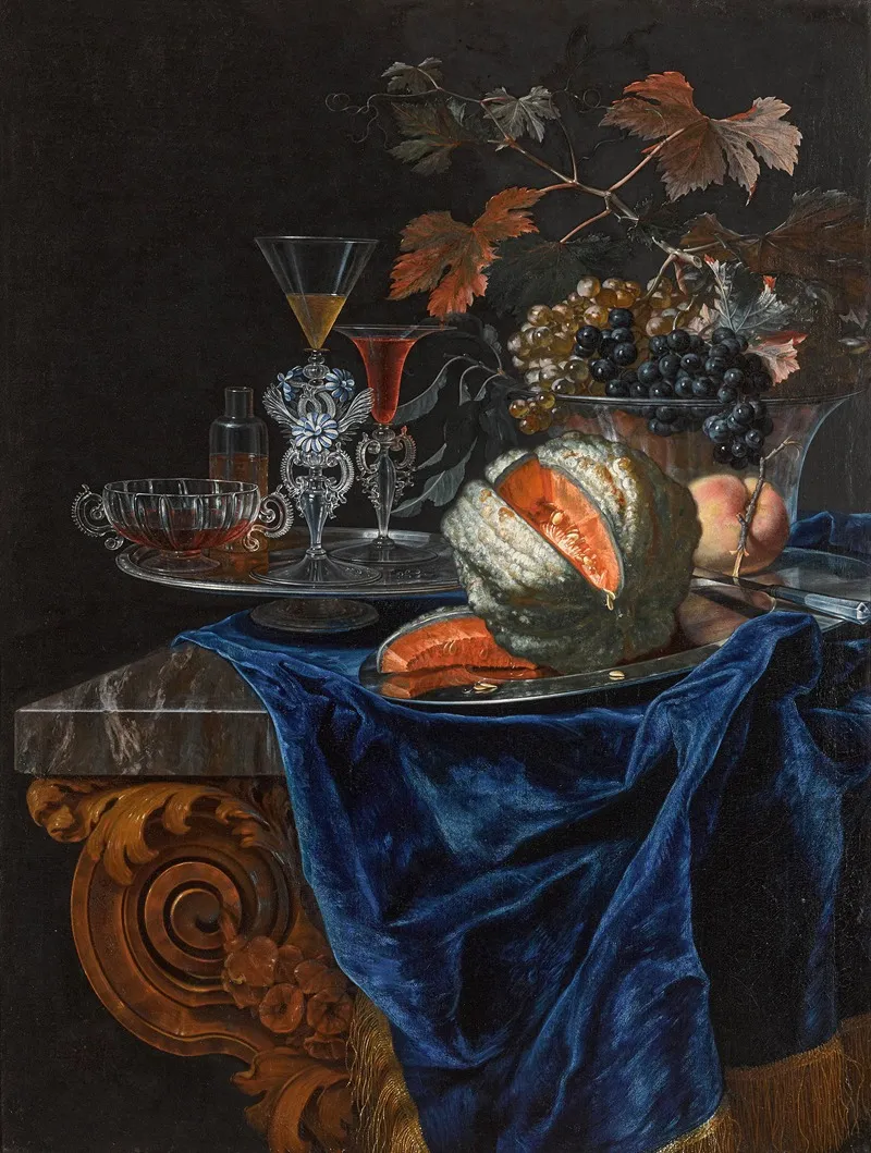 Still Life With A Melon And A Peach On A Silver Platter With A Glass Bowl Of Grapes And Assorted Glassware Wall Art by Christian Berentz - High-Resolution Digital Print