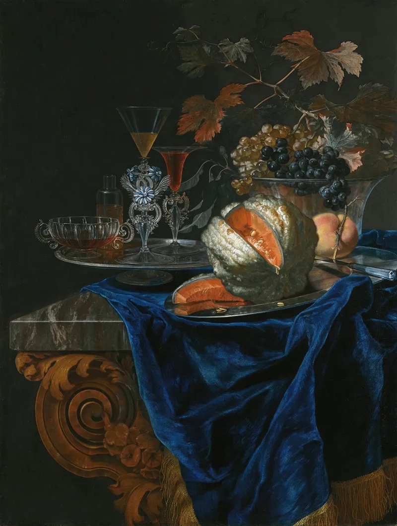Still Life With A Melon And A Peach On A Silver Platter Wall Art by Christian Berentz - High-Resolution Digital Print