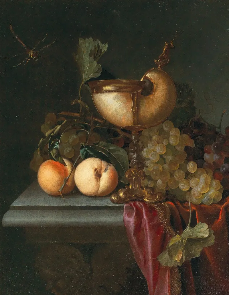 Still Life With A Nautilus Cup Grapes And Peaches Wall Art by Abraham de Lust - High-Resolution Digital Print