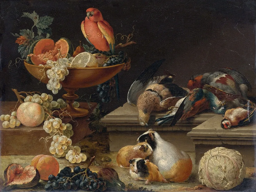Still Life With A Parrot Game Fowl Guinea Pigs And Fruit Wall Art by Johann Amandus Winck - High-Resolution Digital Print