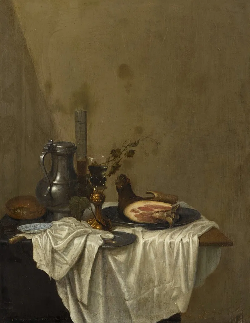 Still Life With A Pewter Jug Roemers And A Leg Of Ham Together On A Table Draped With A White Tablecloth Wall Art by Gerrit van Vucht - High-Resolution Digital Print