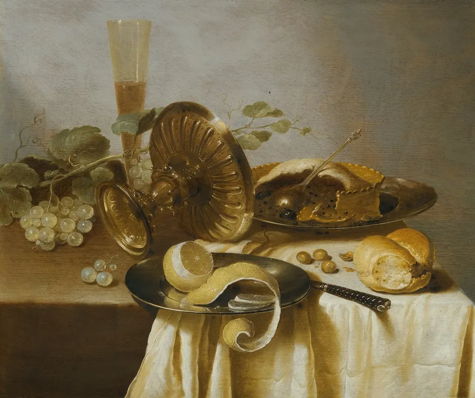 Still Life With A Pie A Half Peeled Lemon Bread Hazelnuts Grapes A Glass And An Overturned Tazza On A Table Wall Art by Adriaen Jansz. Kraen - High-Resolution Digital Print