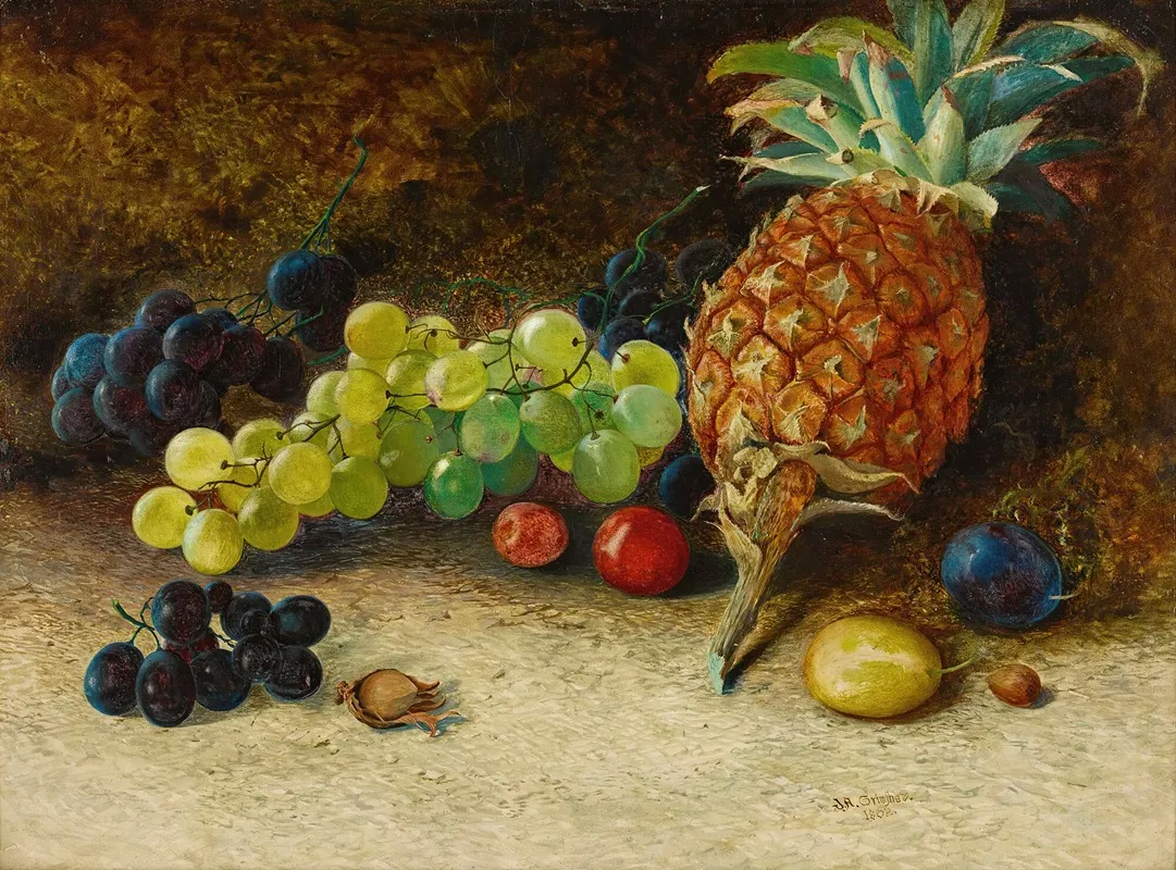 Still Life With A Pineapple Grapes Nuts And Plums Wall Art by John Atkinson Grimshaw - High-Resolution Digital Print