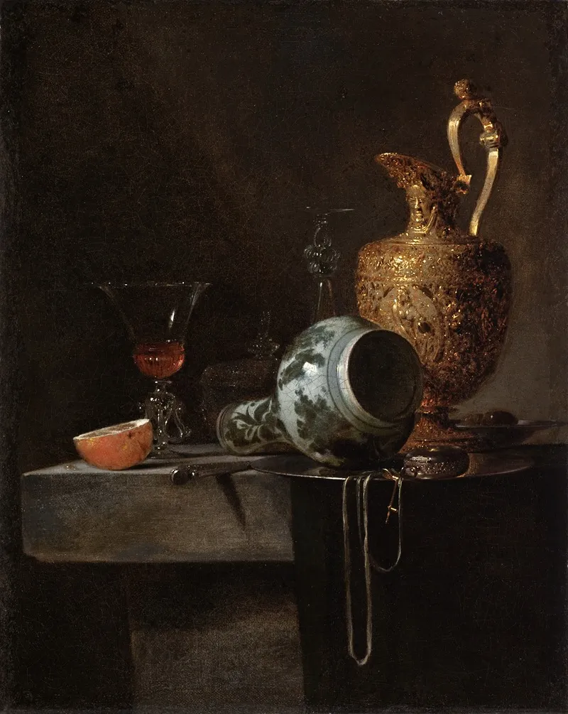 Still Life With A Porcelain Vase Silver Gilt Ewer And Glasses Wall Art by Willem Kalf - High-Resolution Digital Print