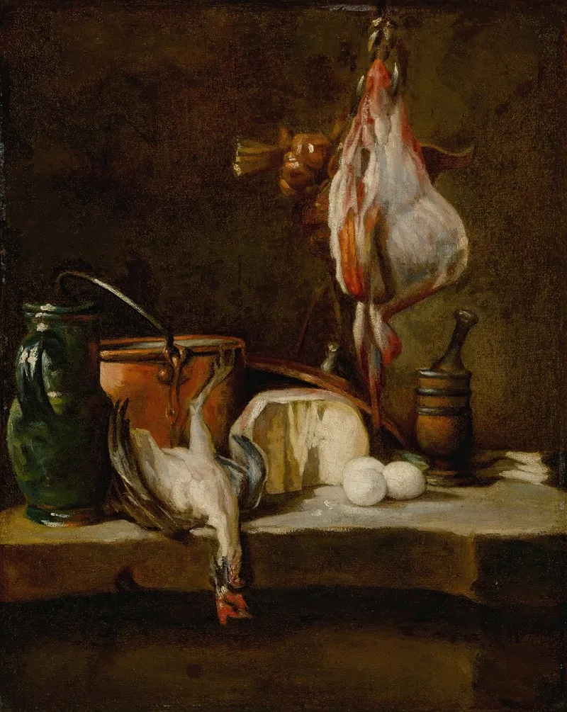 Still Life With A Ray Fish A Basket Of Onions Eggs Cheese A Green Jug And A Copper Pot Wall Art by Jean Siméon Chardin - High-Resolution Digital Print