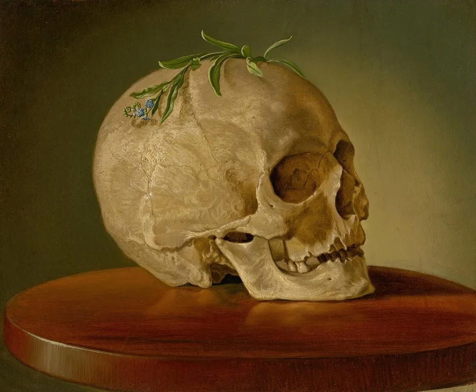 Still Life With A Skull And A Forget Me Not Wall Art by Vojtech Klimkovič - High-Resolution Digital Print