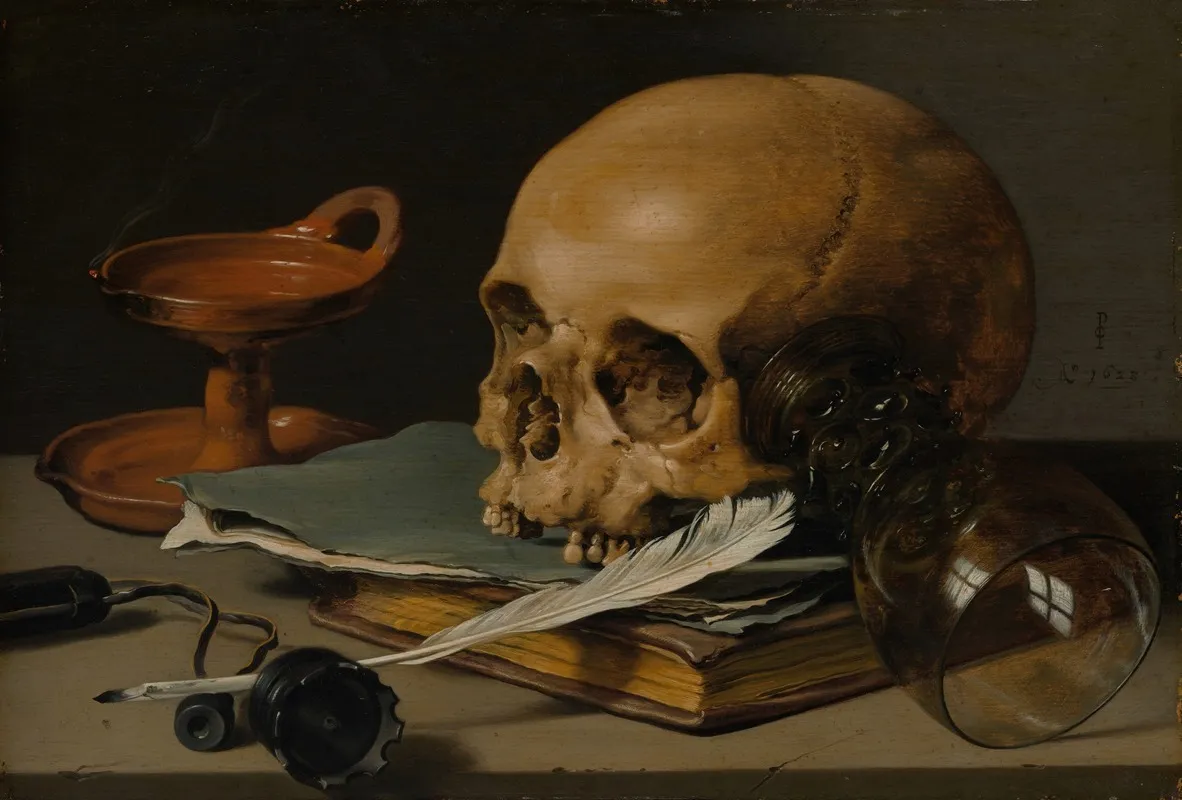Still Life With A Skull And A Writing Quill Wall Art by Pieter Claesz - High-Resolution Digital Print
