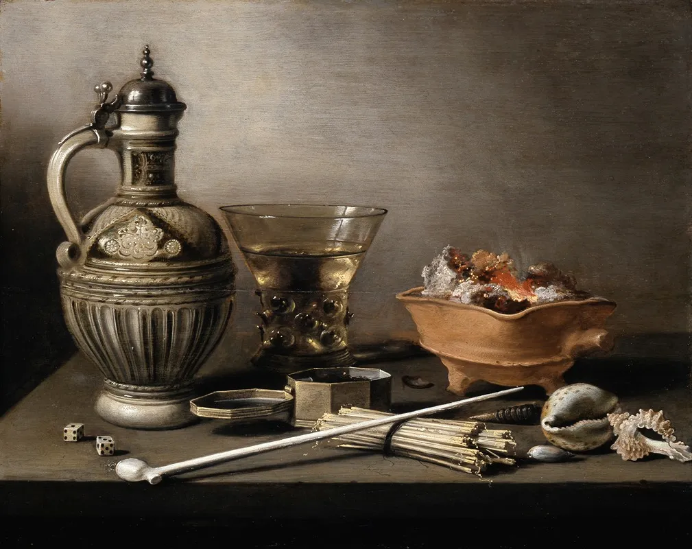 Still Life With A Stoneware Jug Berkemeyer And Smoking Utensils Wall Art by Pieter Claesz - High-Resolution Digital Print