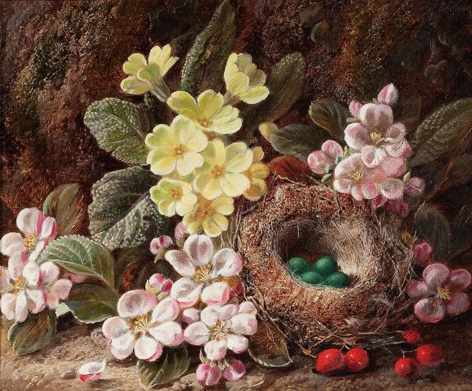 Still Life With Apple Blossom Primroses And Birds Nest Wall Art by George Clare - High-Resolution Digital Print