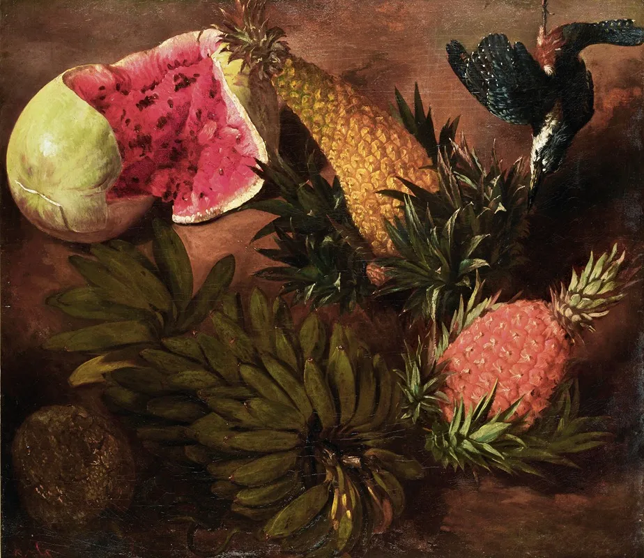 Still Life With Bananas Passion Fruit Pineapple Brazilian Pineapple Jenipapo Fruit And A Point Tailed Palmcreeper Wall Art by Brazilian School - High-Resolution Digital Print