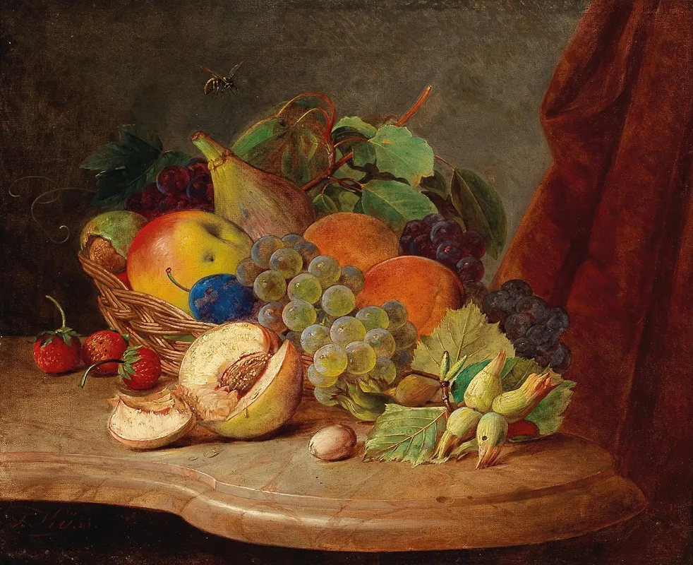 Still Life With Basket Of Fruit And Bee Wall Art by Ferdinand Küss - High-Resolution Digital Print