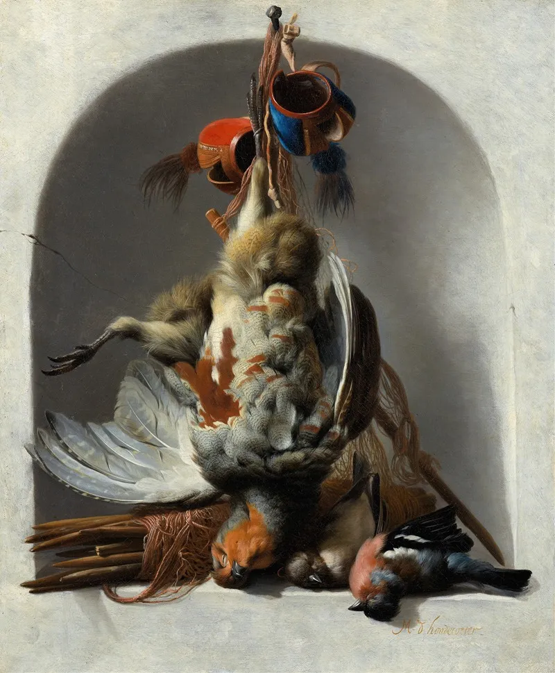 Still Life With Birds And Hunting Gear In A Niche Wall Art by Melchior d'Hondecoeter - High-Resolution Digital Print