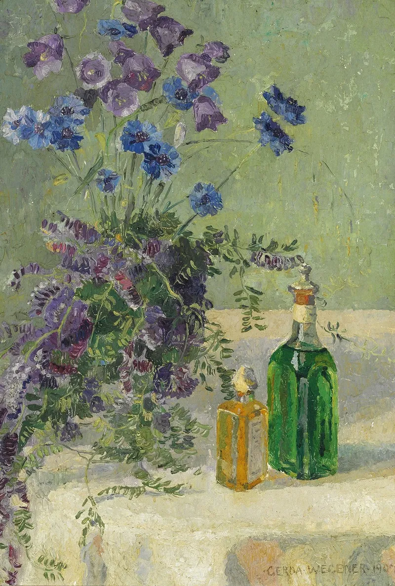 Still Life With Blue Flowers And Two Bottles On A Table Wall Art by Gerda Wegener - High-Resolution Digital Print