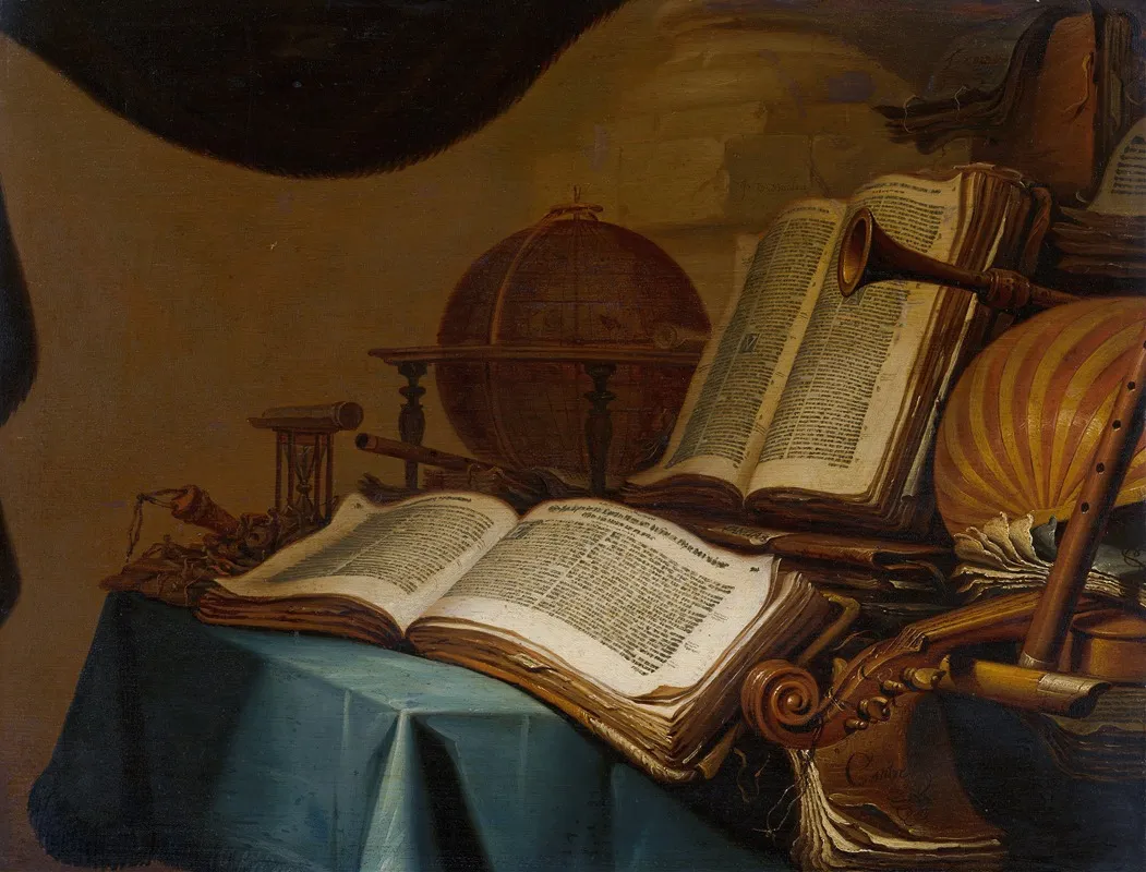Still Life With Books A Globe And Musical Instruments Wall Art by Jan Vermeulen - High-Resolution Digital Print