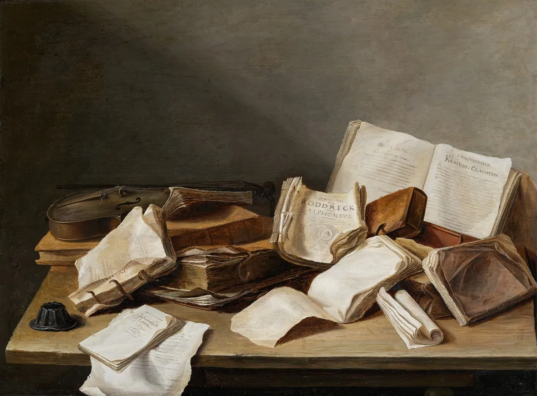 Still Life With Books And A Violin Wall Art by Jan Davidsz de Heem - High-Resolution Digital Print