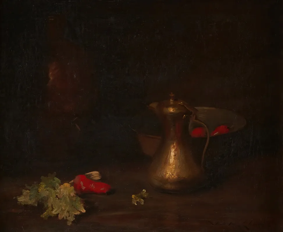 Still Life With Brass Jug Metal Bowl Lettuce And Red Peppers Wall Art by William Merritt Chase - High-Resolution Digital Print