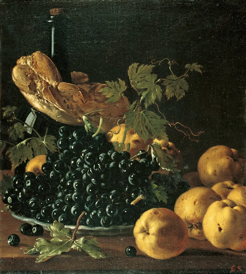 Still Life With Bread Apples Grapes And A Bottle Wall Art by Luis Meléndez - High-Resolution Digital Print