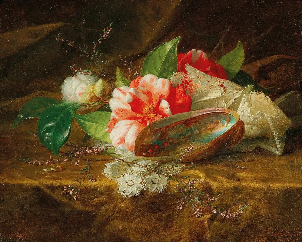 Still Life With Camellia A Shell And A Lace Doily Wall Art by Jules Ferdinand Médard - High-Resolution Digital Print
