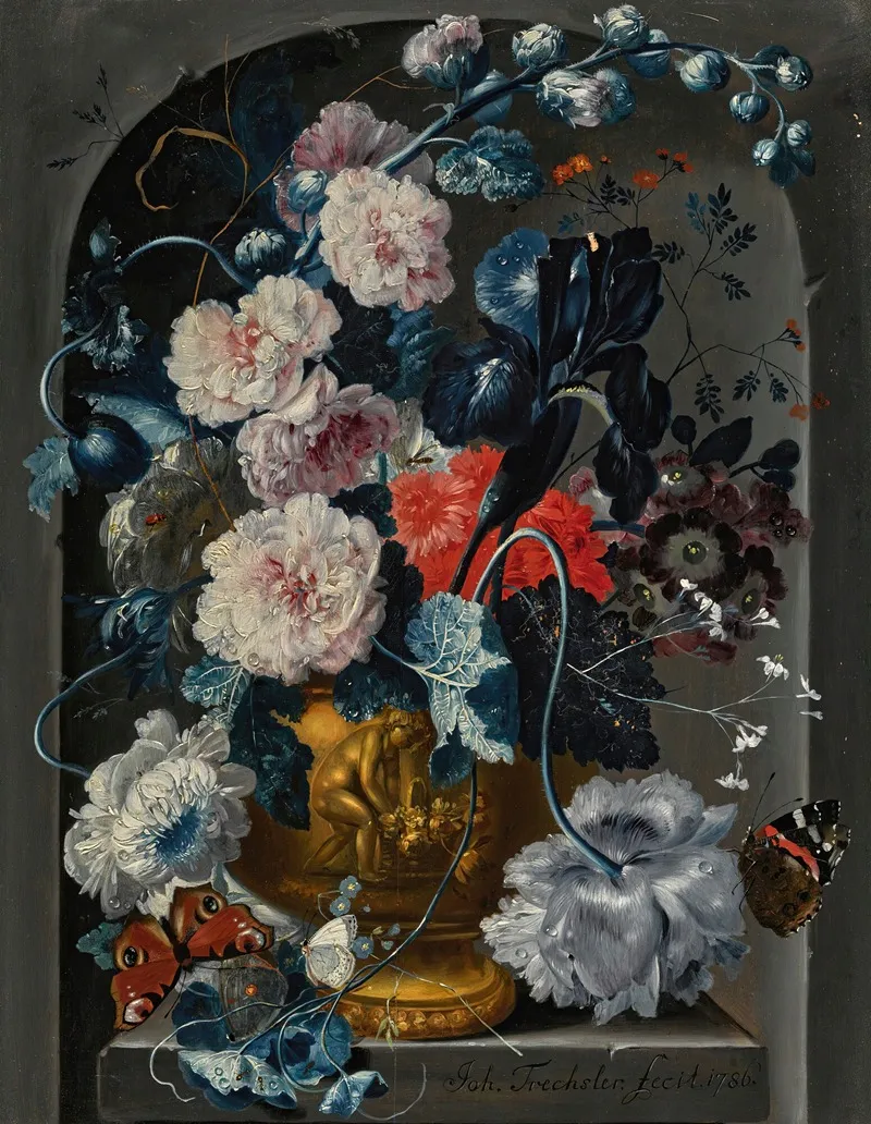 Still Life With Carnations Roses Hollyhocks And Other Flowers In A Sculpted Bronze Urn With Butterflies In An Alcove Wall Art by Johann Baptist Drechsler - High-Resolution Digital Print