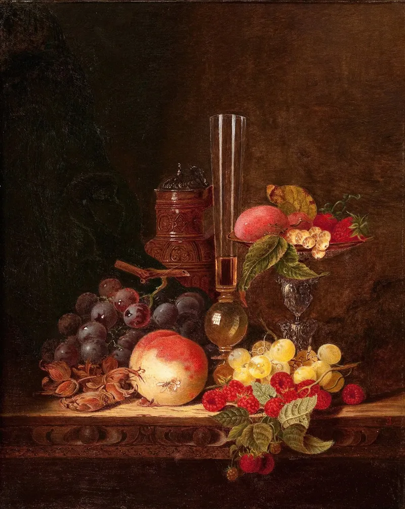 Still Life With Ceramic Jug Wine Glass And Tazza With Fruit Wall Art by Edward Ladell - High-Resolution Digital Print