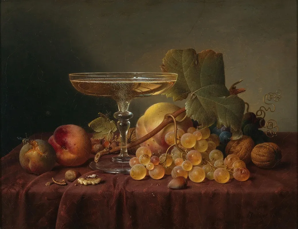 Still Life With Champagne Glass And Fruit On A Damask Cloth Wall Art by Johann Wilhelm Preyer - High-Resolution Digital Print