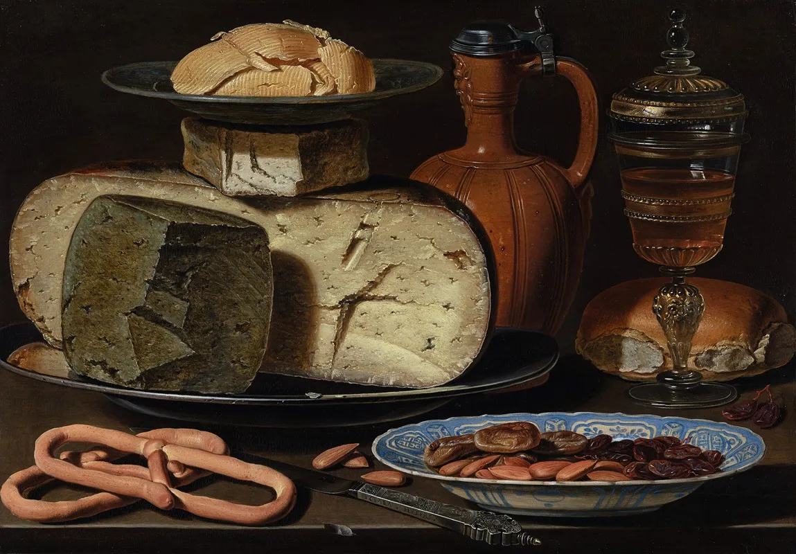 Still Life With Cheeses Almonds And Pretzels Wall Art by Clara Peeters - High-Resolution Digital Print