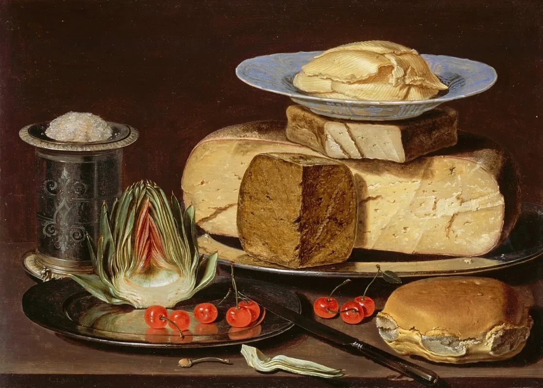 Still Life With Cheeses Artichoke And Cherries Wall Art by Clara Peeters - High-Resolution Digital Print