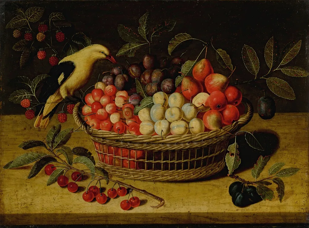 Still Life With Cherries Plums Raspberries And Other Fruits In A Basket With A Yellow Bird Wall Art by Paul Dorival - High-Resolution Digital Print
