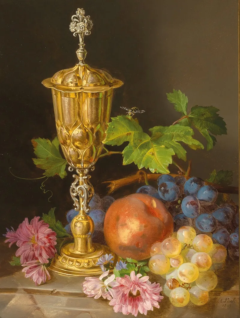 Still Life With Covered Goblet Grapes Apples And Asters Wall Art by Andreas Lach - High-Resolution Digital Print