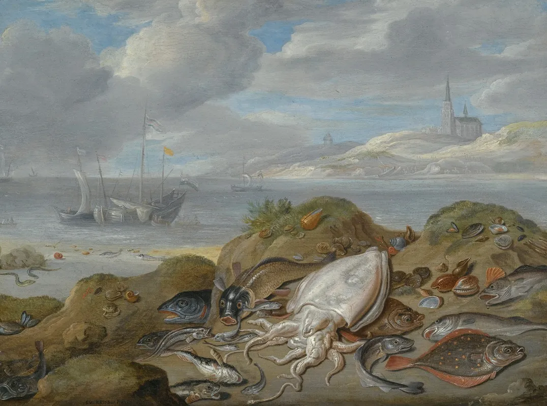 Still Life With Cuttle Fish Plaice Cod Mussels And Other Fish On A Dune A Church Across A River Estuary Beyond Wall Art by Jan Van Kessel The Elder - High-Resolution Digital Print