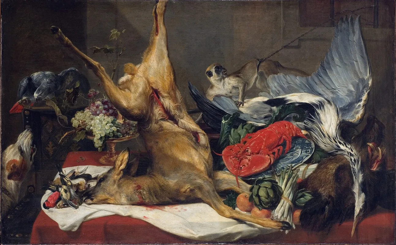 Still Life With Dead Game A Monkey A Parrot And A Dog