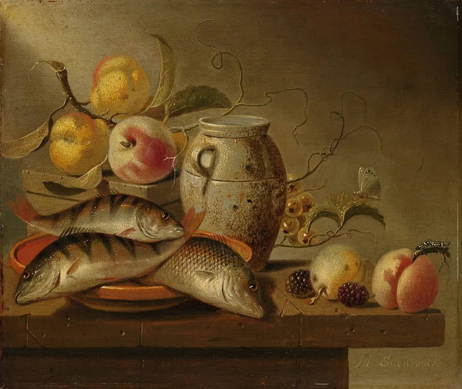 Still Life With Earthenware Jar Fish And Fruit Wall Art by Harmen Steenwyck - High-Resolution Digital Print