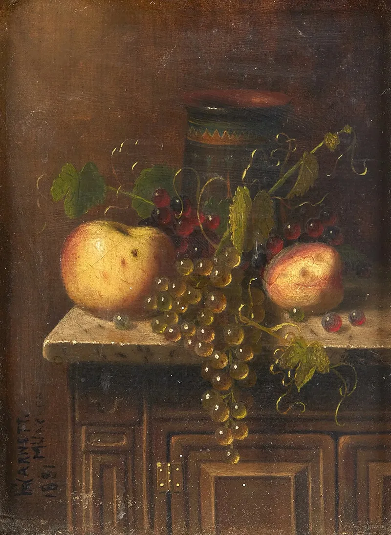 Still Life With Egyptian Vase Apples And Grapes On A Marble Top Console Wall Art by William Michael Harnett - High-Resolution Digital Print