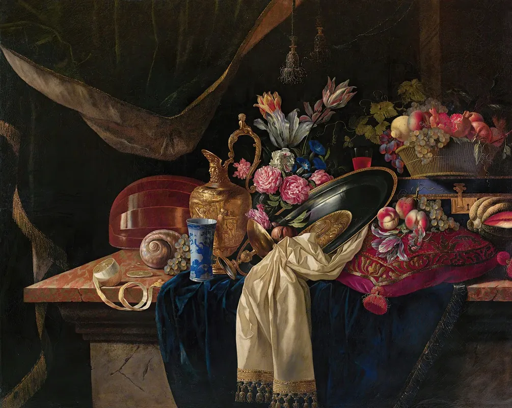 Still Life With Ewer A Bunch Of Tulips And A Mandolin Wall Art by François Habert - High-Resolution Digital Print